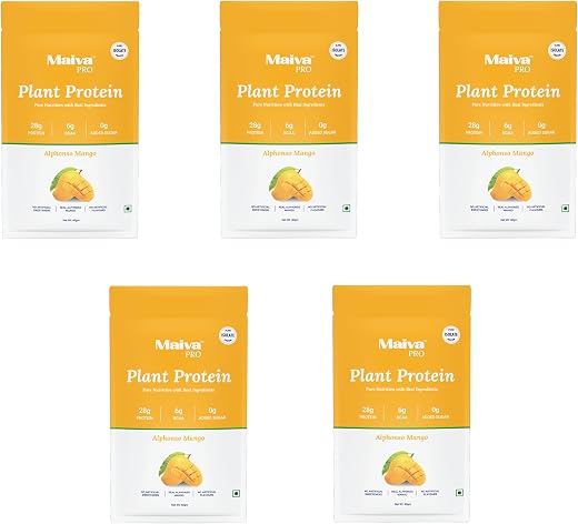 Maiva Pro Plant Protein Powder - 40g (Pack of 5) - Alphonso Mango | 28g Protein, Pea Protein Isolate | No Artificial Sweet...