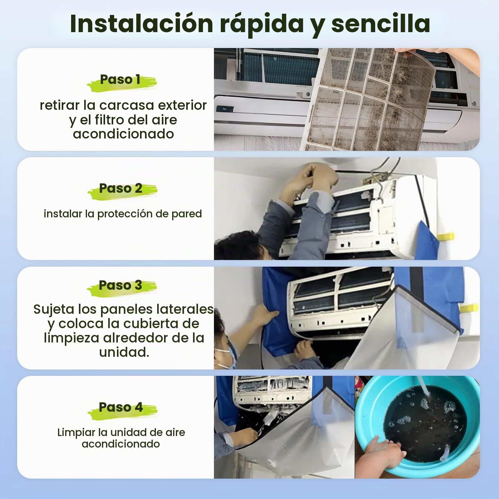 Kit Limpieza Aire Acondicionado con Bolsa de Ajustable y Paneles Laterales, Limpieza de Aire Acondicionado Split para Hogar (M, Azul-Blanco Transparente)