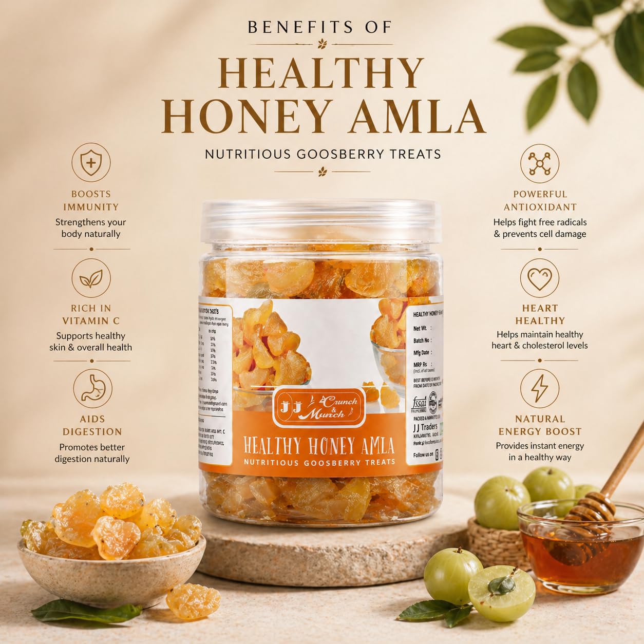 J J crunch N munch Honey Amla Candy Purely Honey Processed Sugar-free Dry Amla Candy Best For Eyes, Hairs Low-Calorie Dry Fruit Snack And 100% Natural Honey Sweetened Snack(Pack of 250 Gm) 3