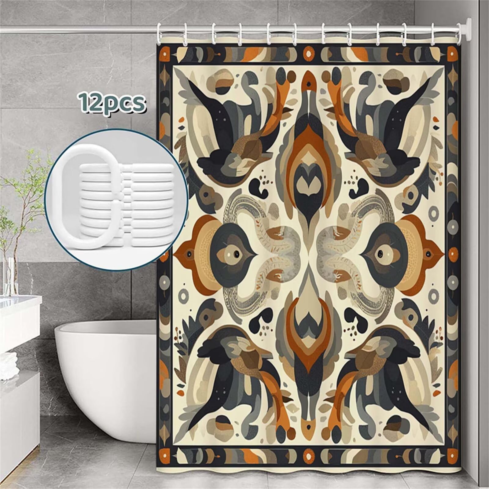 Tenda Doccia in Poliestere Beige, Tende per Doccia Extra Lunga 230x180cm, Retro Tenda Vasca da Bagno Tessuto Lavabile, Impermeabile e Facile da Pulire, con 12 Ganci, Decorazione per Bagno, Hotel Z-468
