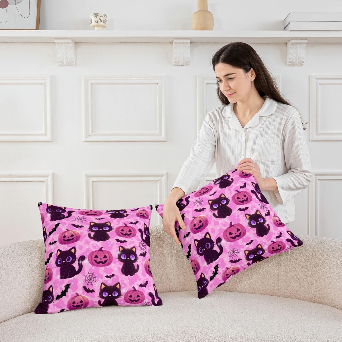 Halloween Cat Throw Pillow Covers (Pack of 1),Pumpkin Spider Web Bat Cushion Cover for Kids Boys Teens Cute Black Kitten Pillow Cases Gothic Purple Pink Living Room Sofa Bed Decor ,20"Lx20"W image 3