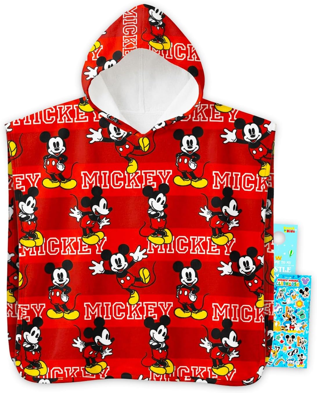 Disney Mickey Mouse Hooded Towel Set for Boys - 23" x 47" Bath Towel Poncho Bundle with Stickers, More Mickey Mouse Bathroom Set