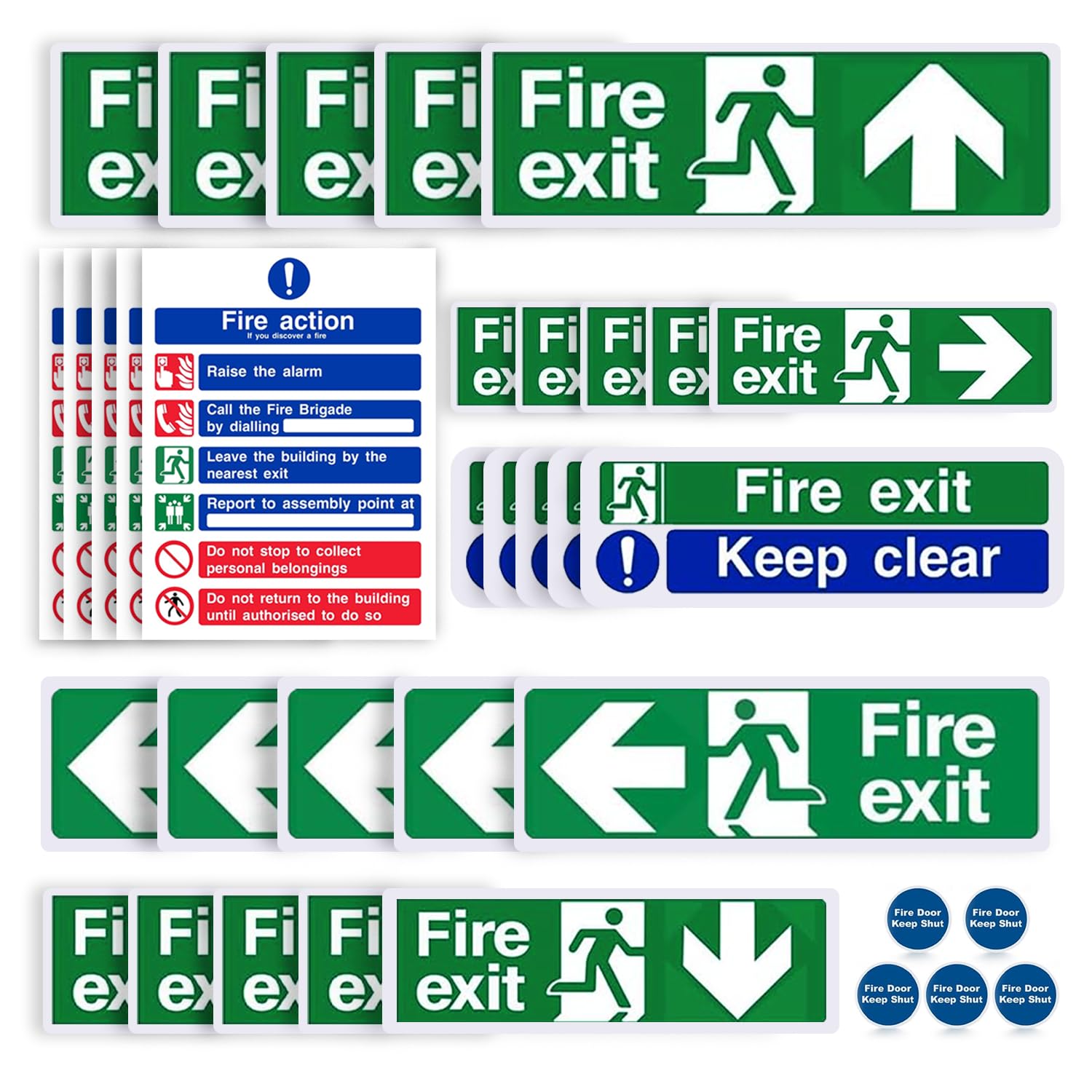 35PCS Premium Fire Exit Sign Kit Self Adhesive Vinyl Emergency Exit Signs Set with Left Right Up Down Arrows, Fire Action Notice, Keep Clear & Fire Door Keep Shut EN ISO 7010 Compliant