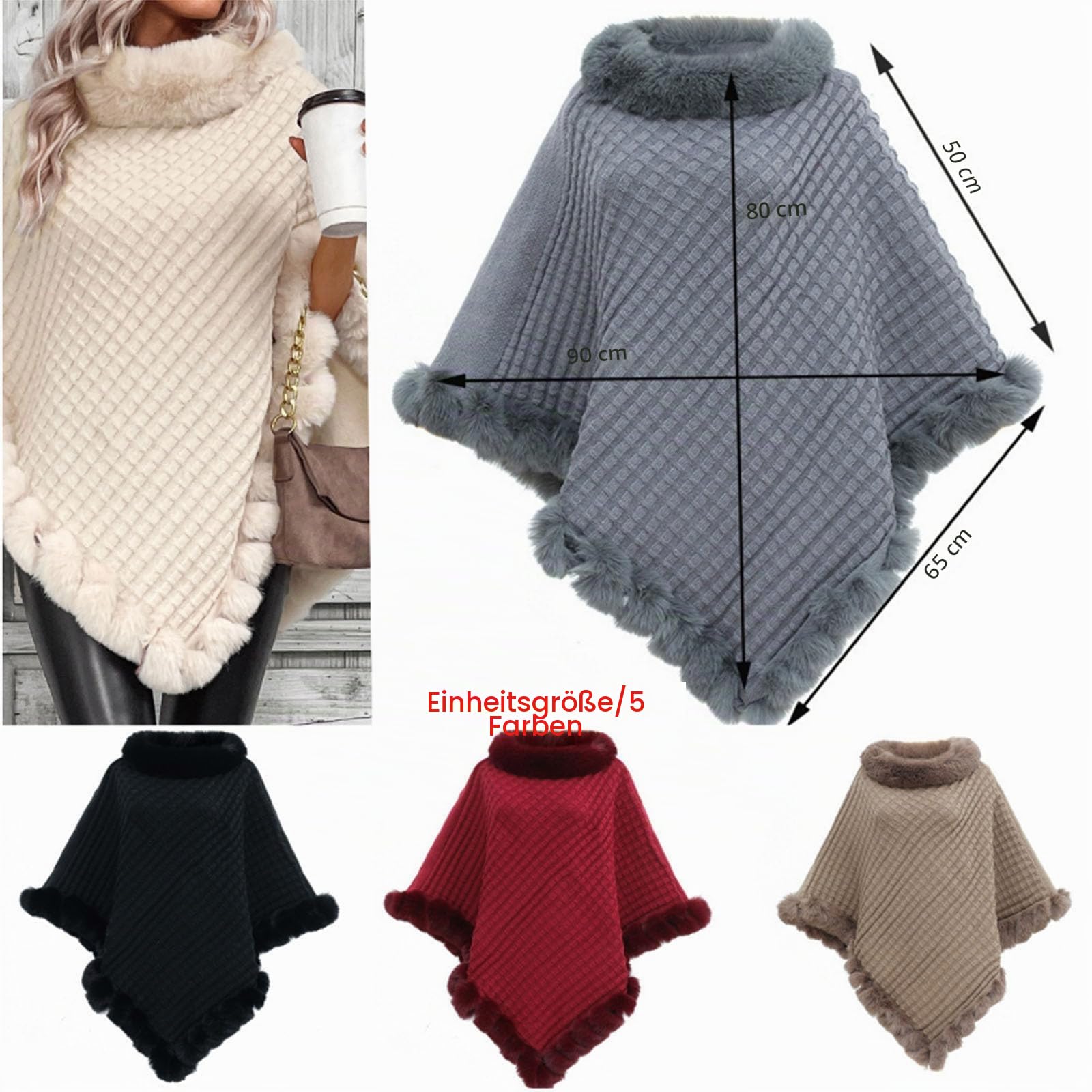 Poncho mit Kunstfellbesatz, eleganter Cape-Mantel mit Kunstfellkragen und Besatz, Winter, warm, gestrickt, Stola, Schal für Damen