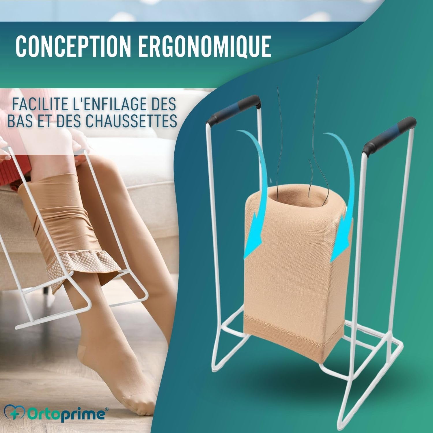 OrtoPrime Enfile bas de contention en acier – Enfile chaussette pratique pour seniors – Appareil pour enfiler les bas de contention facile à utiliser – Aide pour s’habiller autonome