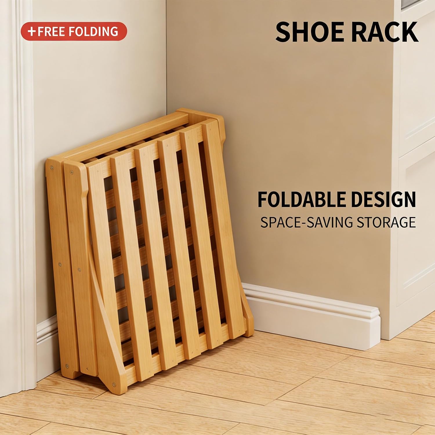 The 9 Tier Bamboo Shoe Rack, 9 Tier No-Assembly Portable Folding Shoe Storage Rack, Foldable Storage Shelf for Narrow Space, Bedroom, Living Room (Wood Color,8 Layer)