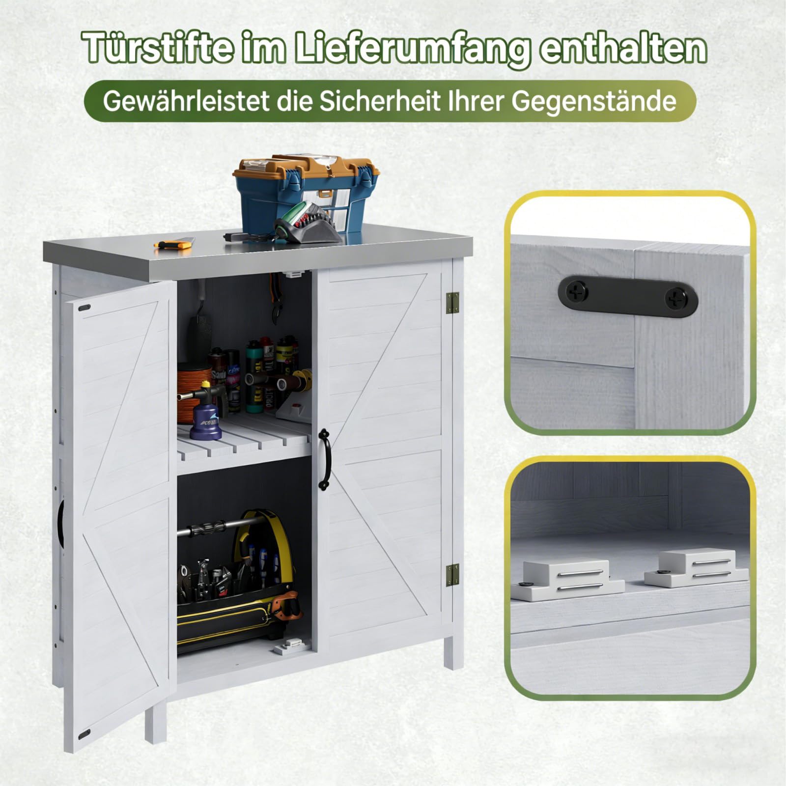 Aoxun Wetterfester Gartenschrank Holz 79x43x91cm Doppeltüren Abnehmbarer Trennwand Außenschrank verzinkter Tischplatte Geräteschuppen