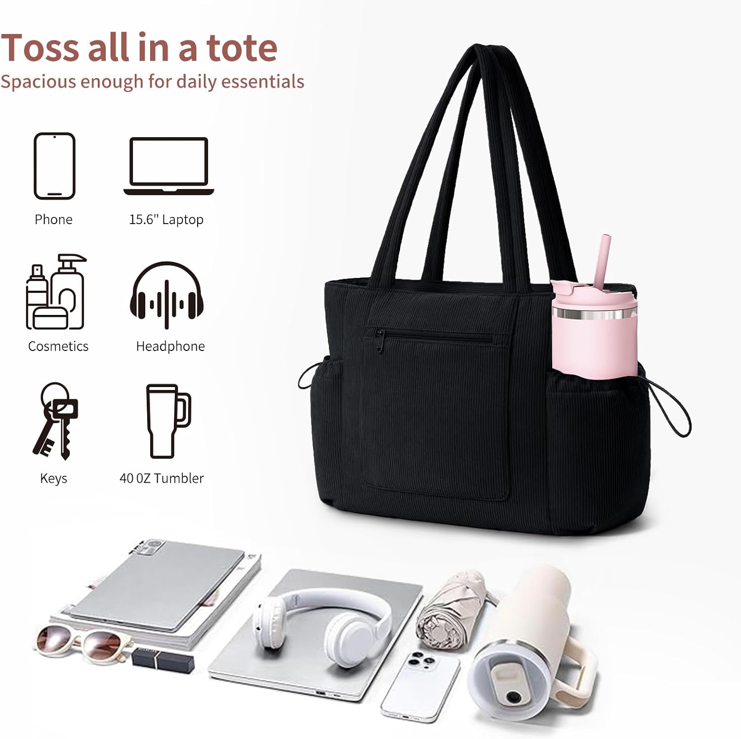 Corduroy Tote Bag for Women Large Capacity Tote Bags with Stanley Cup Holder Shoulder Handbag with Inner Pockets