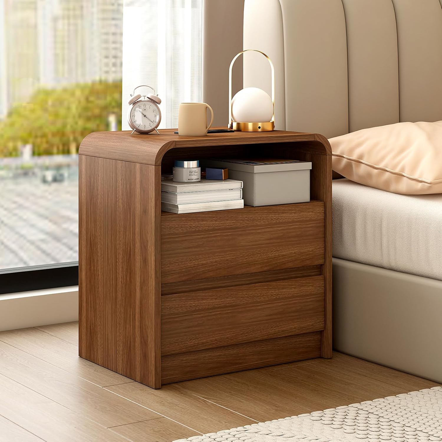 Modern Nightstand, 23.6-Inch Wide with Charging Station & Curved Anti-Collision Design, Mid-Century Storage Cabinet, Pre-Embedded Slots, Sturdy & Reusable, Ideal for Dorm, Sofa, or Office (2)