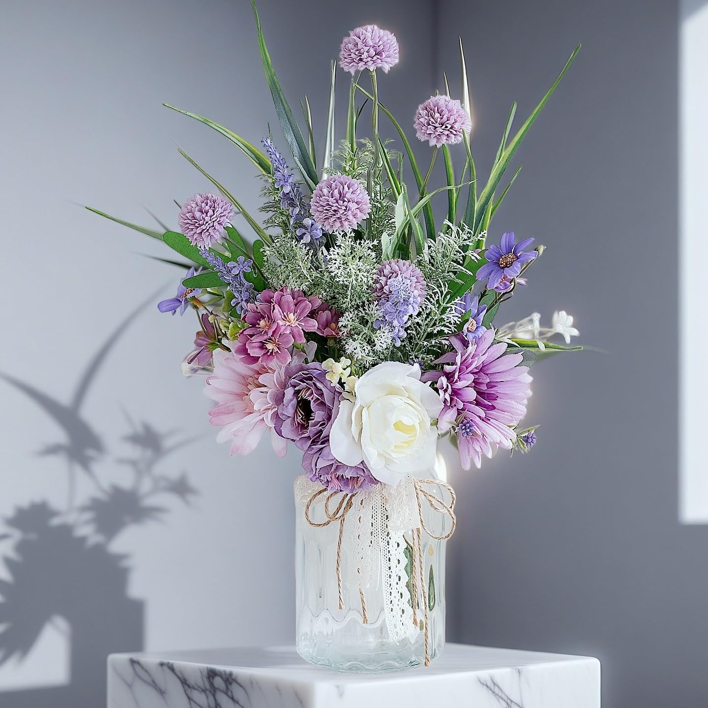 LUEUR Artificial Faux Flowers in Vase-Fake Purple Transvaal Daisy and Dandelion Flowers with Vase for Spring Decor Arrangement Decor Home Coffee Table Decor Dining Room