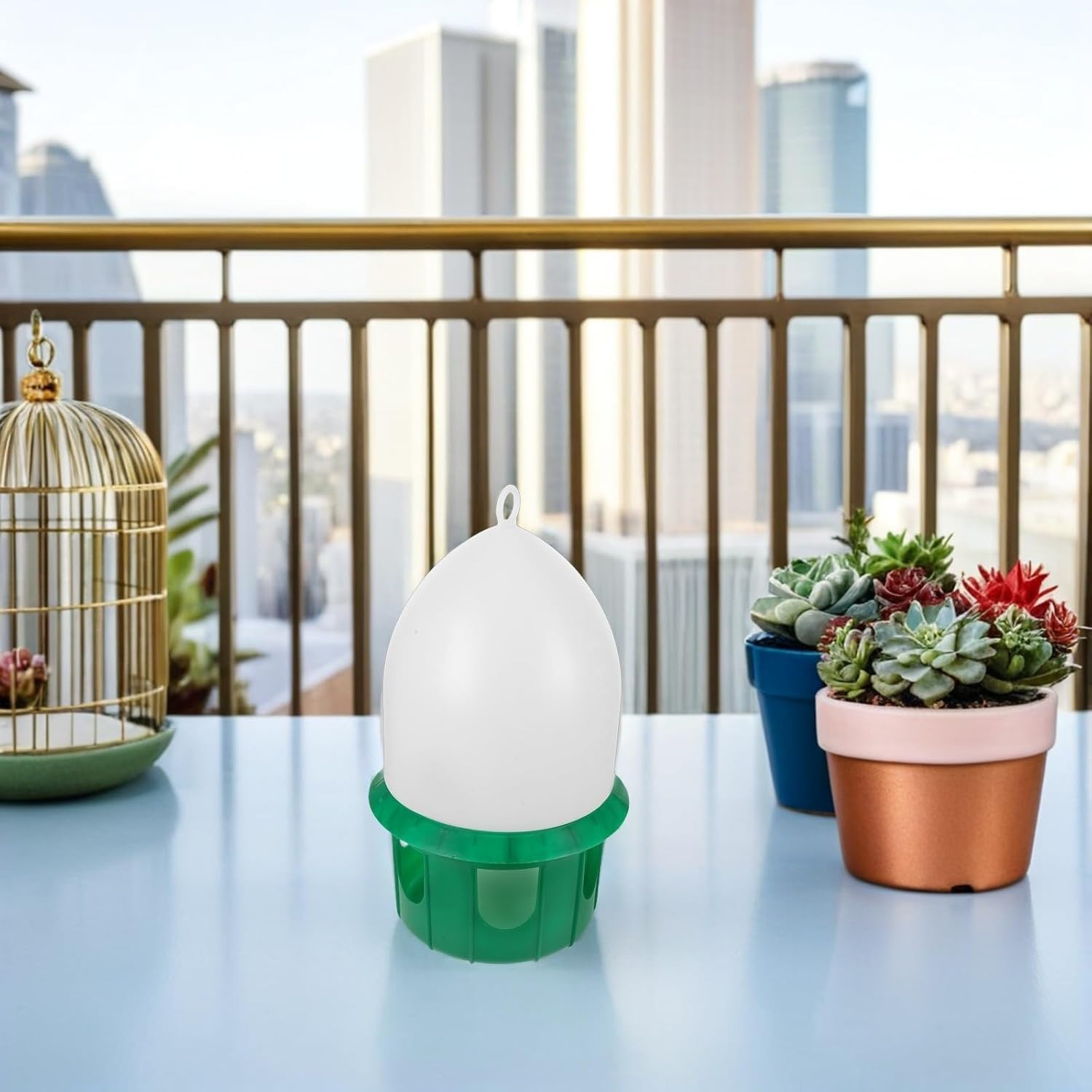 STOBAZA L Plastic Bird Water Dispenser Versatile Use with Handle and Leak-Proof Design Green and White Color for Pigeons and Small Birds Suitable for Home and Outdoor Use