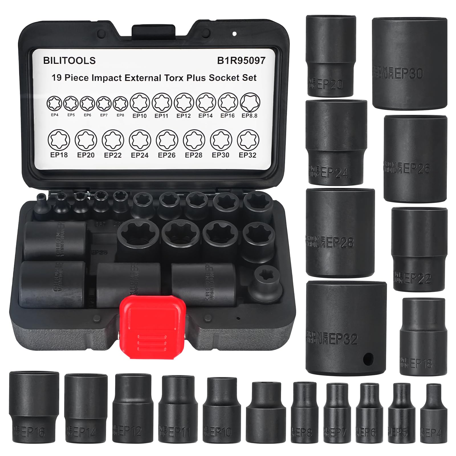 BILITOOLS Jeu de douilles Torx Plus externes 19 pièces EP4-EP32