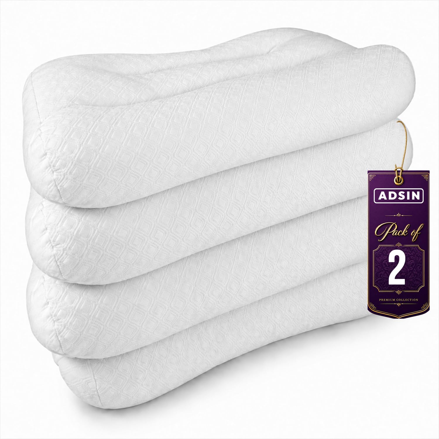 Adsin White Ergonomic Neck & Shoulder Support Pillow (Pack Of 2) Cervical & Orthopedic Pillow For Pain Relief, Side Sleeper For Neck & Shoulder Pain, Better Sleep And Spinal Alignment