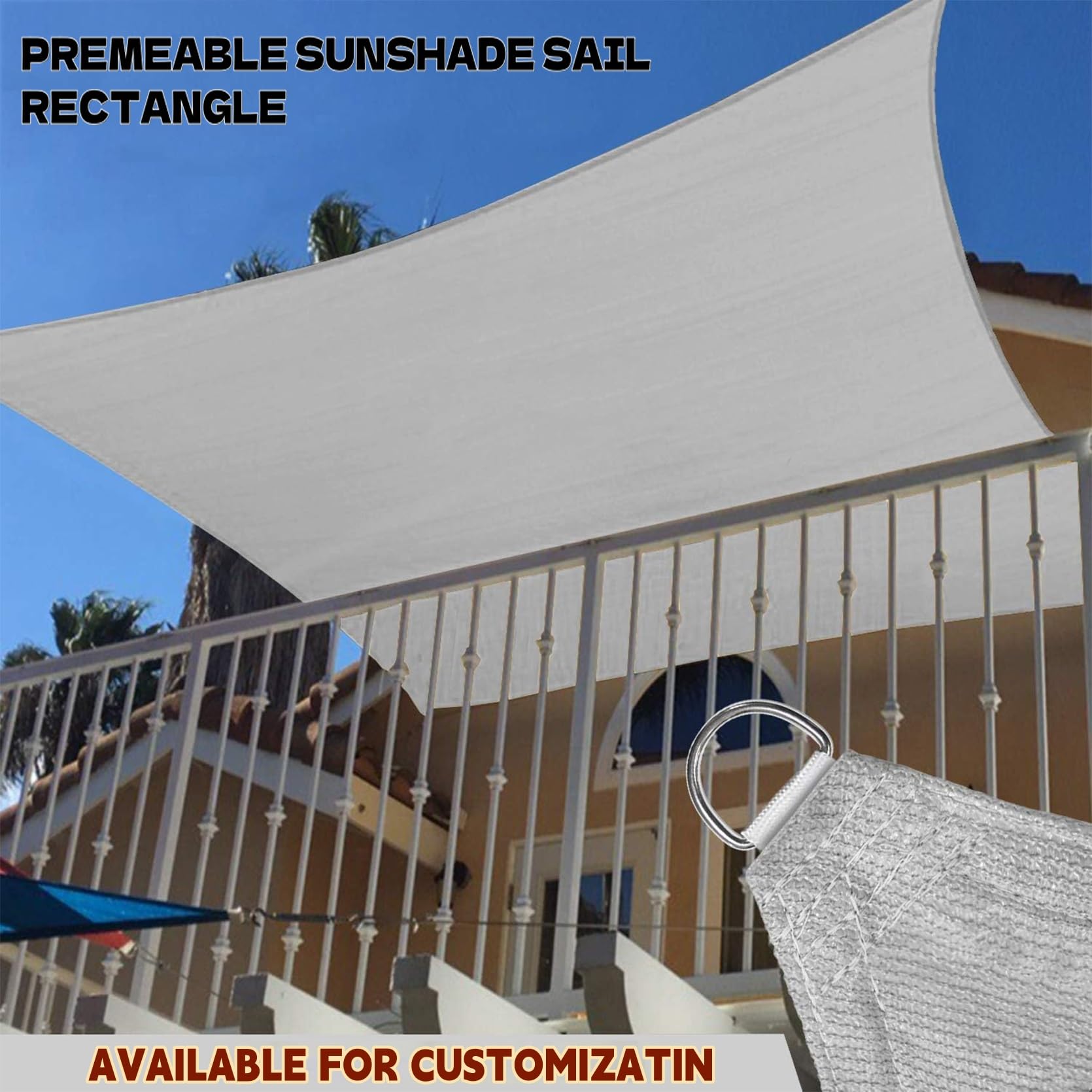 Tenda a Vela Parasole 180 x 300 cm, 95% Protezione Solare, Traspirante, Anti Uv, Antistrappo, Telo Ombra Telone Tenda a Vela, per Giardino, Terrazza, Grigio Chiaro