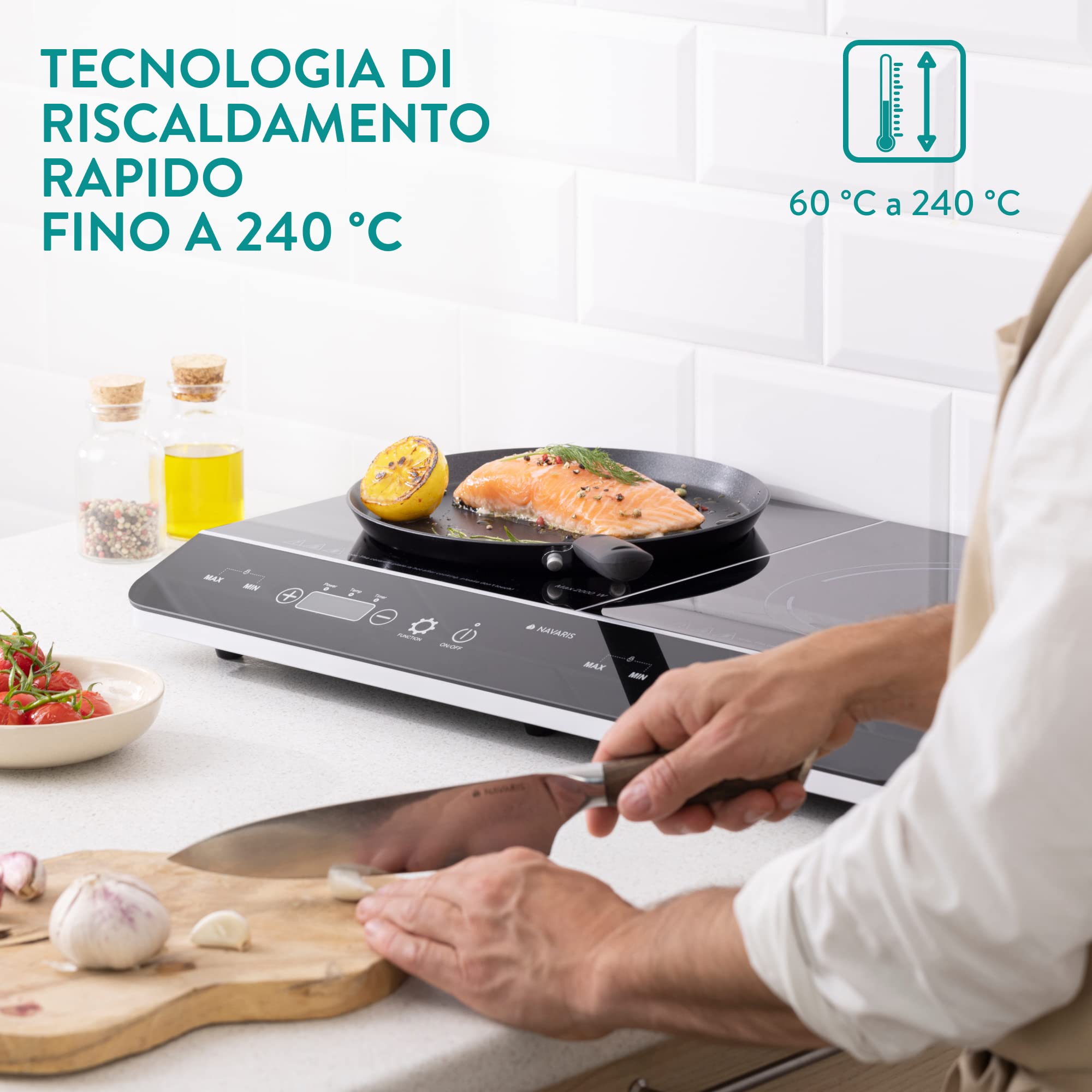 Navaris Piastra ad induzione Doppia 3500W - Piano di Cottura a 2 fuochi da Tavolo - Fornello Elettrico Doppio Portatile - Piastre Induzione con Controllo Touch Display LED