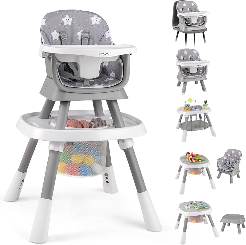 Trona 16 en 1, trona convertible para bebés y niños pequeños con centro de actividades, asiento elevador, mesa de bloques de construcción, silla para niños pequeños con arnés de seguridad, bandeja extraíble (gris)