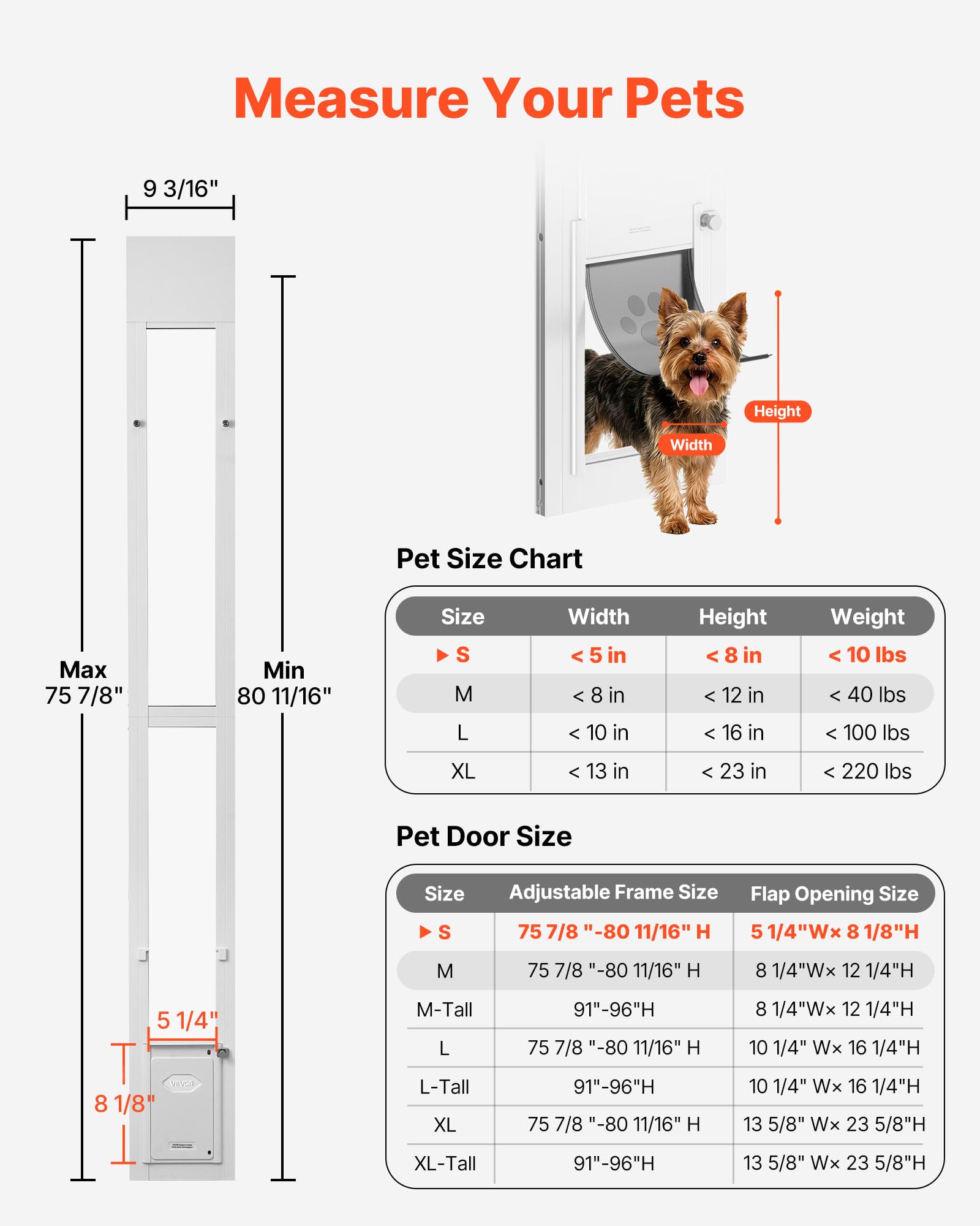 VEVOR Puerta Corrediza de Vidrio con Entrada para Perros, Altura Ajustable, Puerta para Mascota 20,6 x 13,3 cm, Compatible con Perros Pequeños, Marco de Aluminio, para Patio Balcón Terraza, Blanco