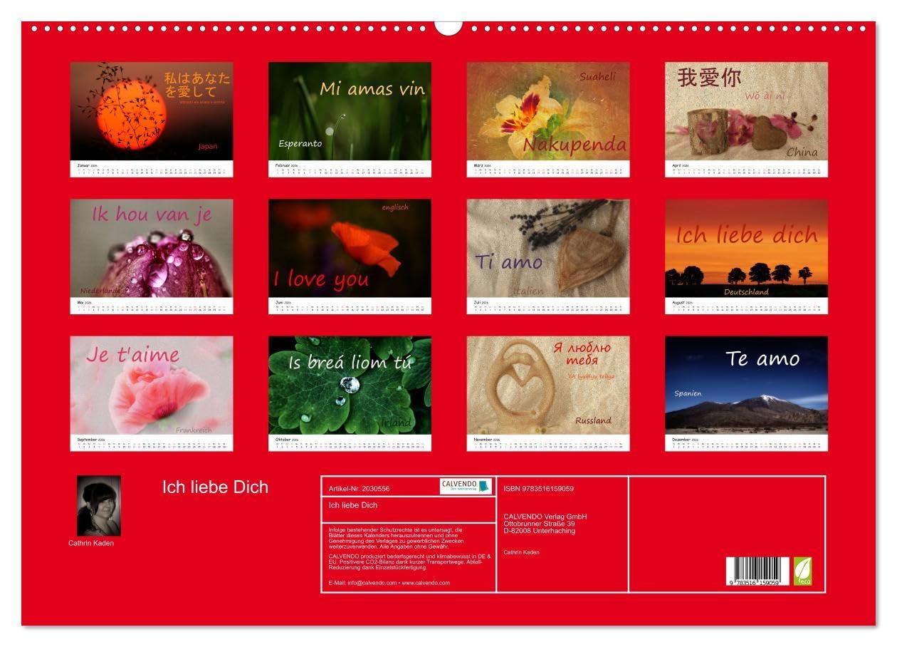 Ich liebe Dich (Wandkalender 2026 DIN A2 quer), CALVENDO Monatskalender: Ich liebe Dich - In den verschiedensten Sprachen der Welt unterlegt mit ... stimmungsvollen Bildern (CALVENDO Natur)