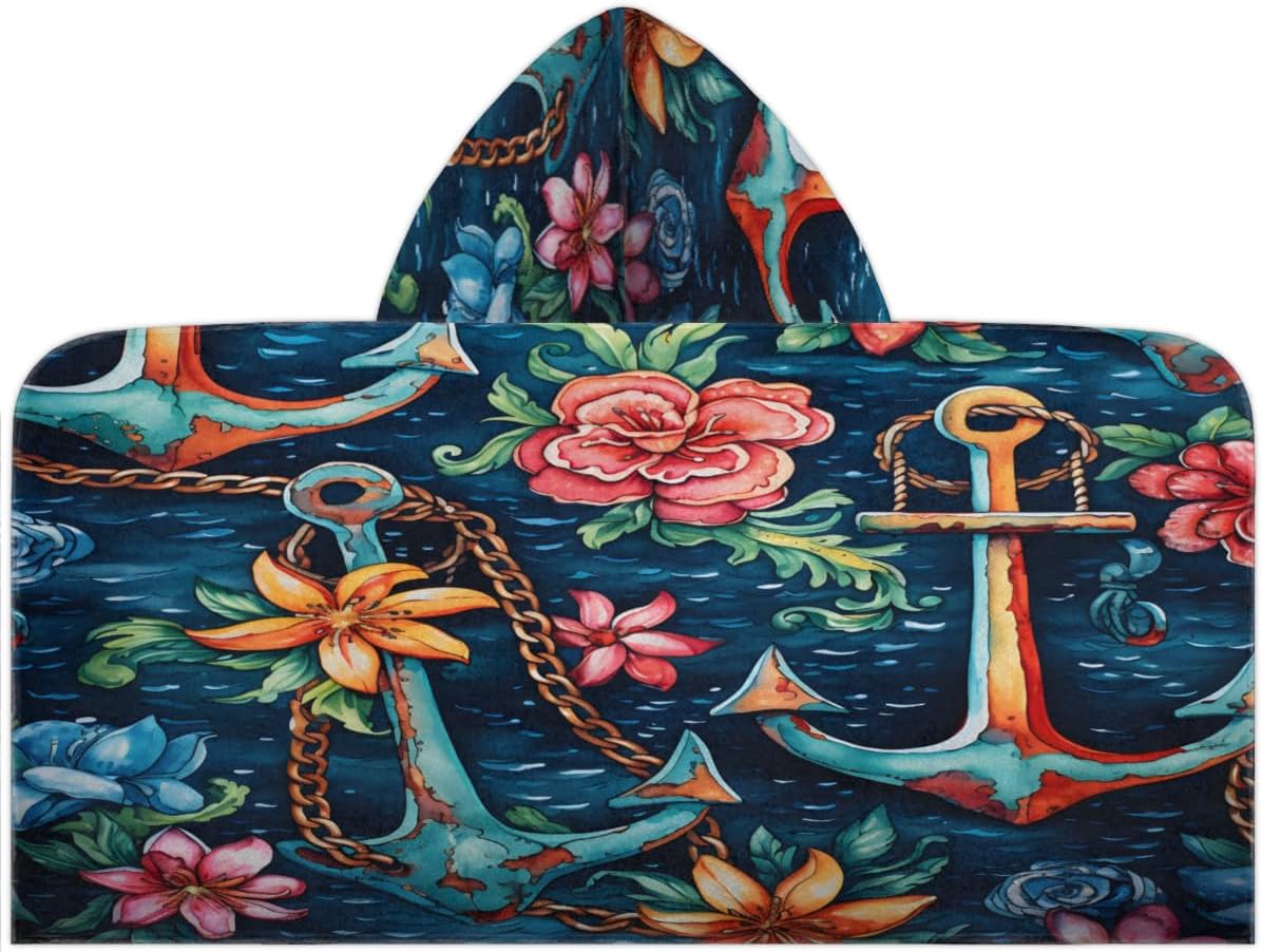 Pardick Kids Bath Towel Ship Tools Florals Beach Towel with Hood Pool Cover Up for Girls Boys Soft Absorbent Hooded Bath Towel Toddler Towels for Beach, Pool