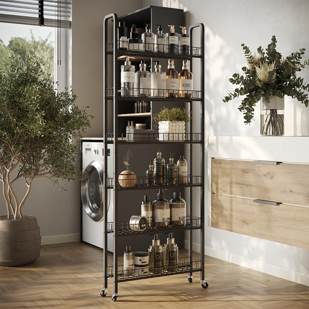 Vicco Piedistallo mobile Rolivo, Nero, 58 x 15 cm con 6 scomparti, posizionabile in modo flessibile su ruote per spazi stretti