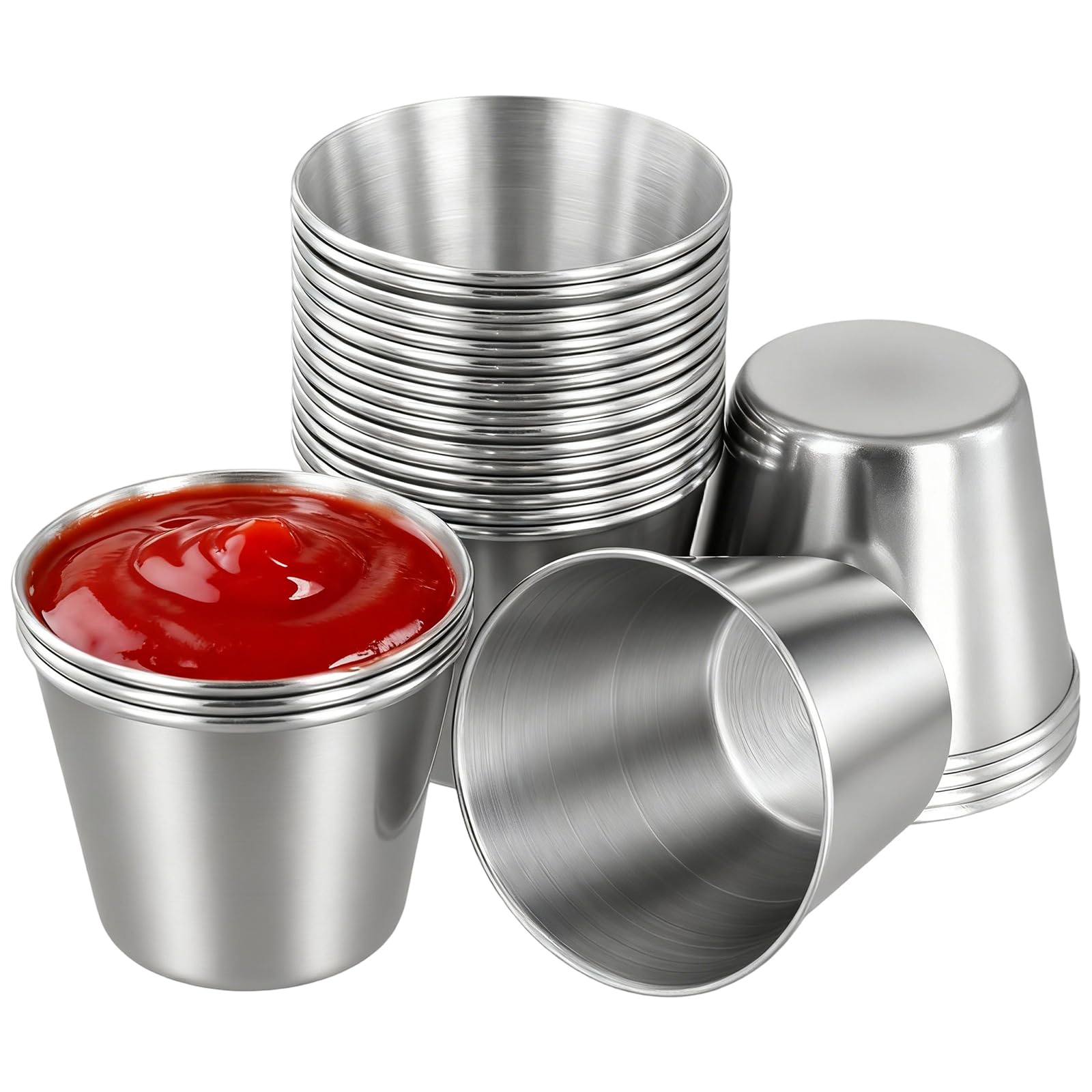 TAICHEUT 24 Pack 1.5 oz Stainless Steel Sauce Cups, Small Ramekins Dipping Bowls for Snacks, Sushi Soy Sauce, and Condiments