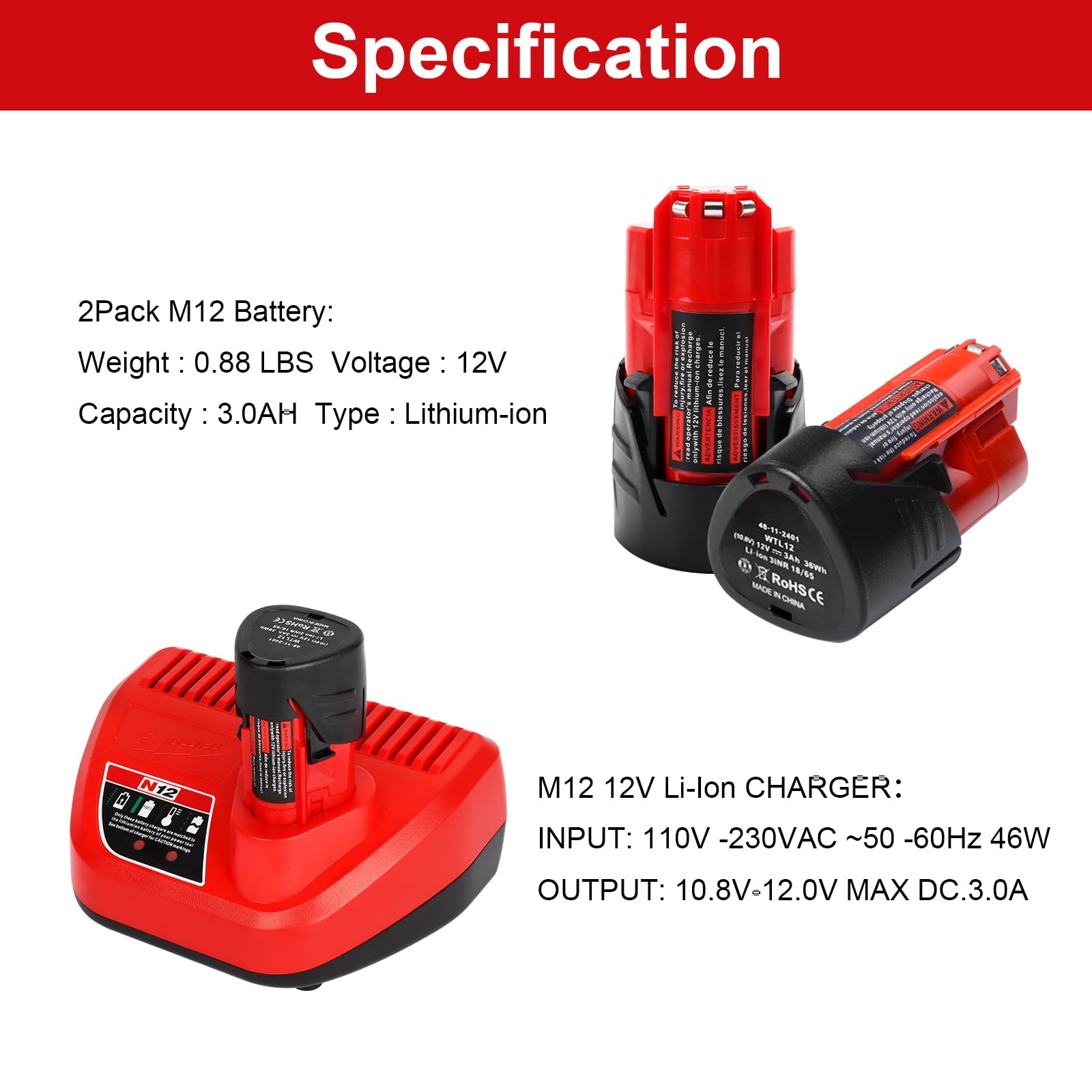 Powarobor 2X 12V 3.0Ah Batería de Repuesto y Cargador Compatible con Milwaukee M12B3 12V Li-Ion Baterías Starter Set