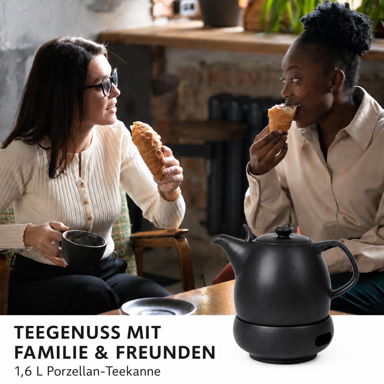 Urban Lifestyle Teekanne mit Stövchen 1,6 L Porzellan Teekanne Schwarz Matt mit Siebeinsatz aus Edelstahl für losen Tee Teekanne mit Stövchen und Tea Pot Kopenhagen