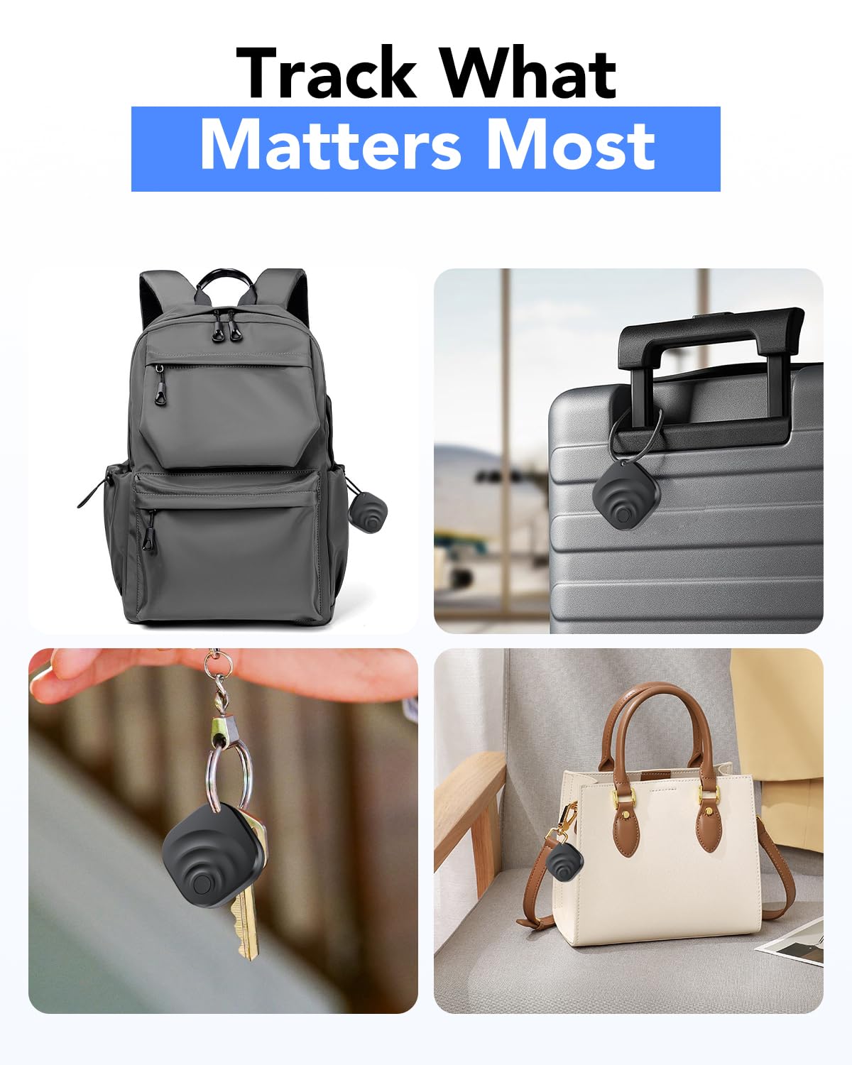 TIMU Smart Tracker Tag 4 Pack for iOS and Android, Bluetooth 5.4 tracker Tag Works on Google and Apple's "Find My" app, 2 Years of Use, IP67 Waterproof Key Finder/Item Finder/Luggage Tracker（Black） — view 7