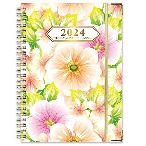 2024 Diary A5 Week to View, Diary 2024 Academic Diary from Jan.2024 to Dec.2024, Full Year Planner 2024 Monthly &amp; Weekly Planner with Tabs, Hardcover, Thick Paper, Back Pocket (Flower A)