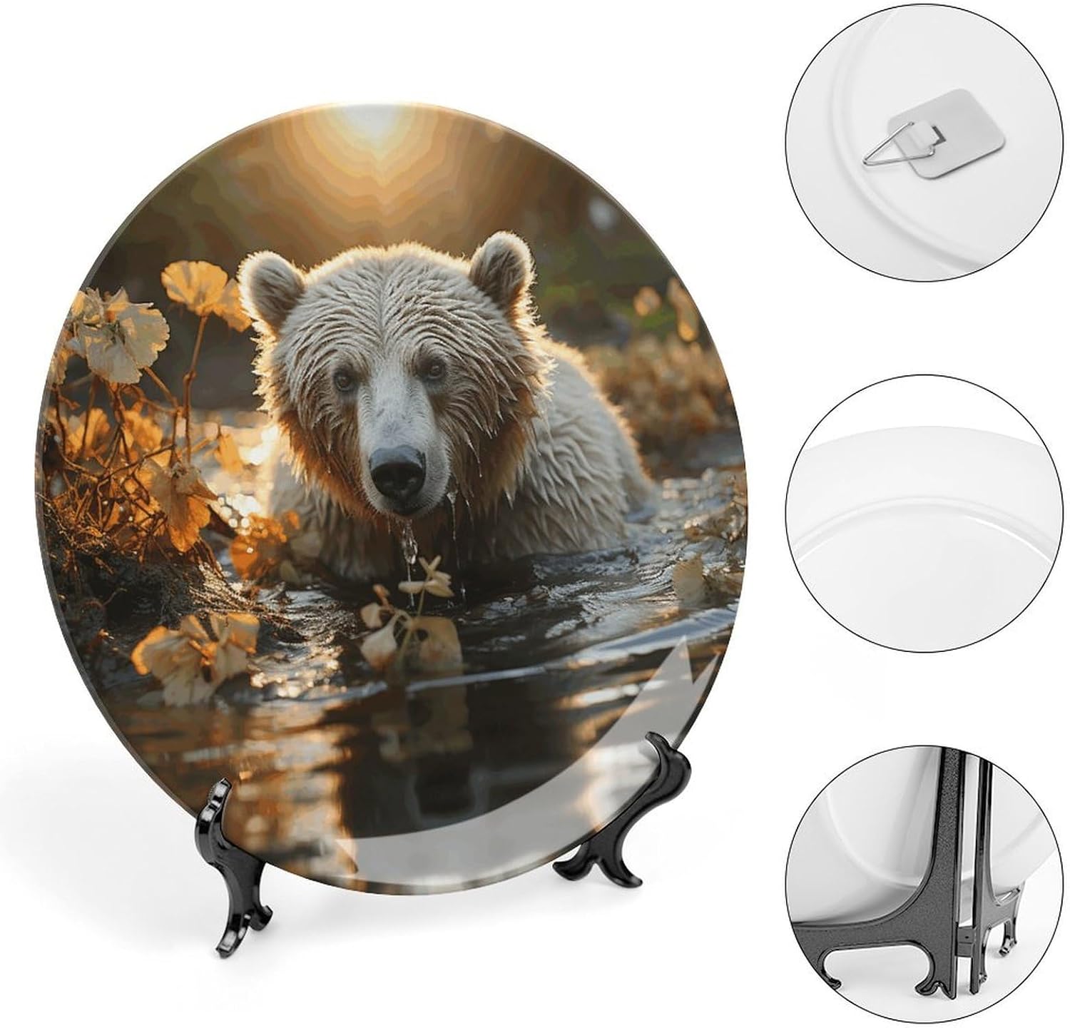 Bear Crossing The River Ceramic Plate 10inch Decorative Bone China Wall Hanging Ornament Plates Bohemian Style Dinner Plate with Display Stand Cabinet Display Plates for Home Art Decor