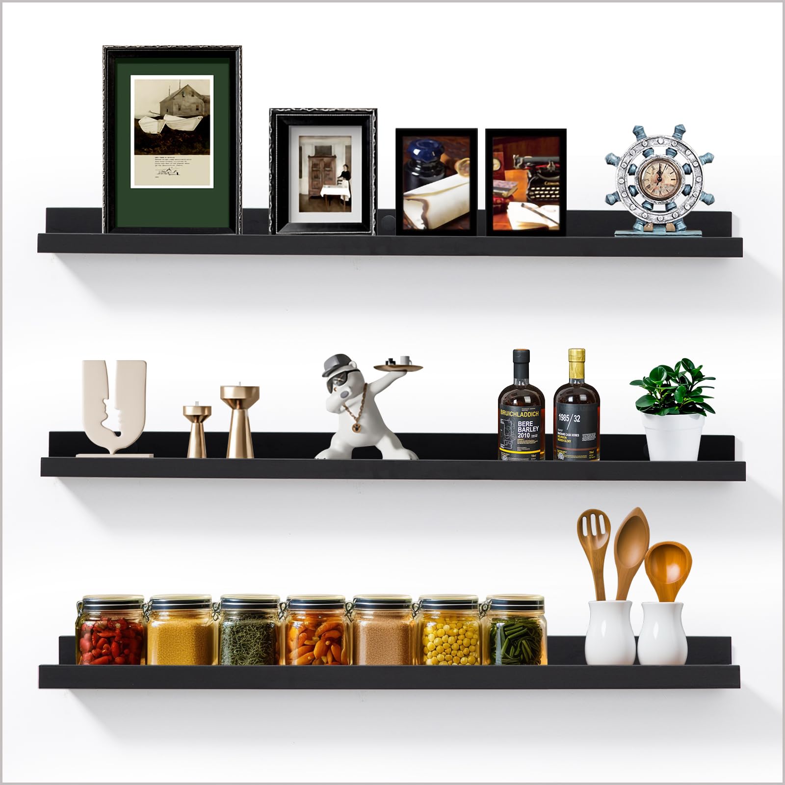 Long Floating Folding Shelves 48 Inch Wood Picture Ledge Shelf with Lip for Wall Black Storage Shelves for Kids Room Photo Shelves Wall Organizer Set