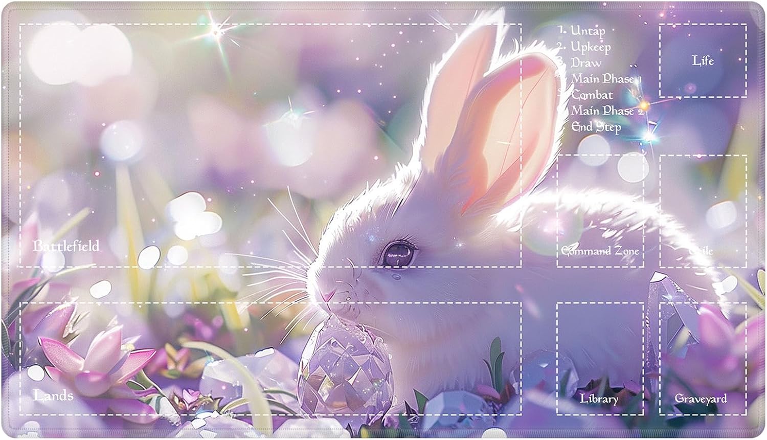 Playmat with Zones for MTG Card Game Playing, Game Mats Tabletop Magic Play Mats 24"x14" Commander Deck Gaming Desk Duel Mat Card Gameplay Mats for Beginner, Bunny Crystal Easter Egg