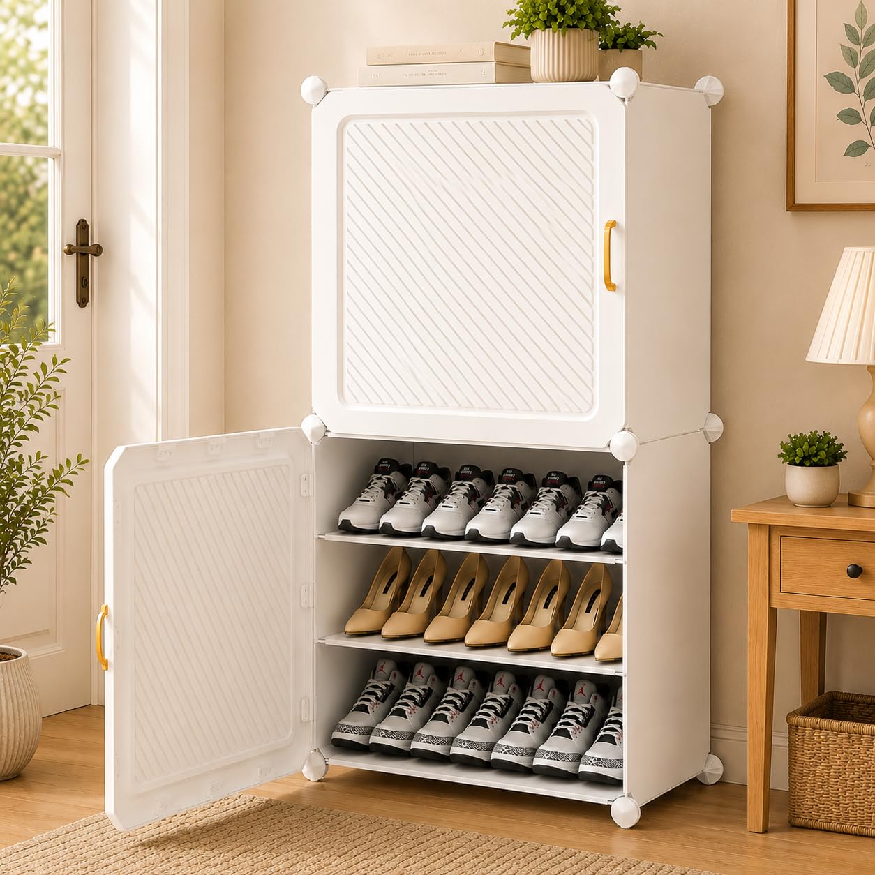 Sunderlook Shoe Rack Plastic for Home- Shoe Stand, Chappal Stand, Professional Multipurpose Foldable Standing Comfort Runner Shoe Rack with Door, Slipper Stand (White, 6 Shelf 2 Door)
