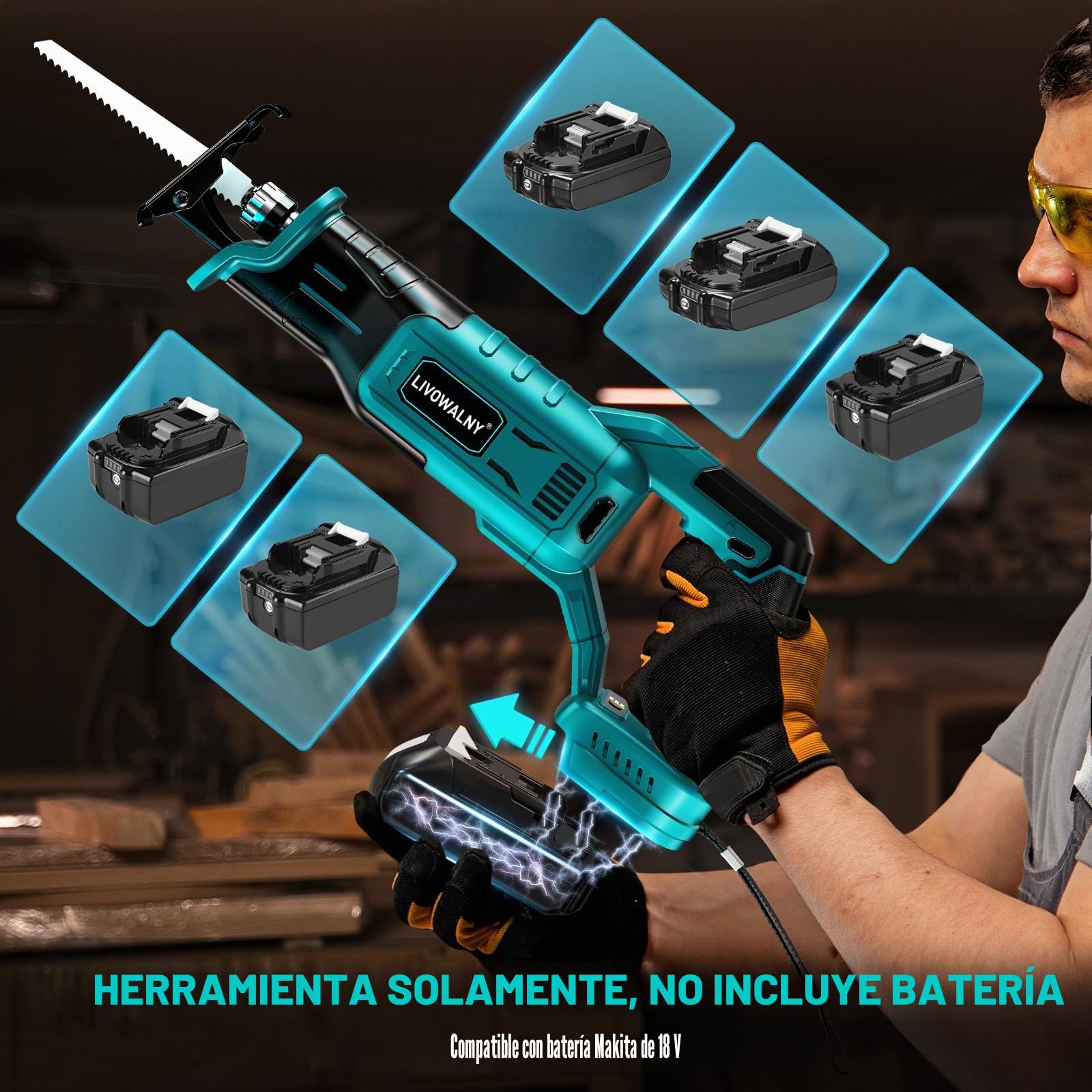 LIVOWALNY Sierra Sable Compatible con Ma-kita 18V, 3200 SPM Motor Sin Escobillas, 3 Velocidades Variables, Sierra de Sable con 4 Hojas de Sierra, Para Cortar Madera y metal-Azul (SOLO HERRAMIENTA)