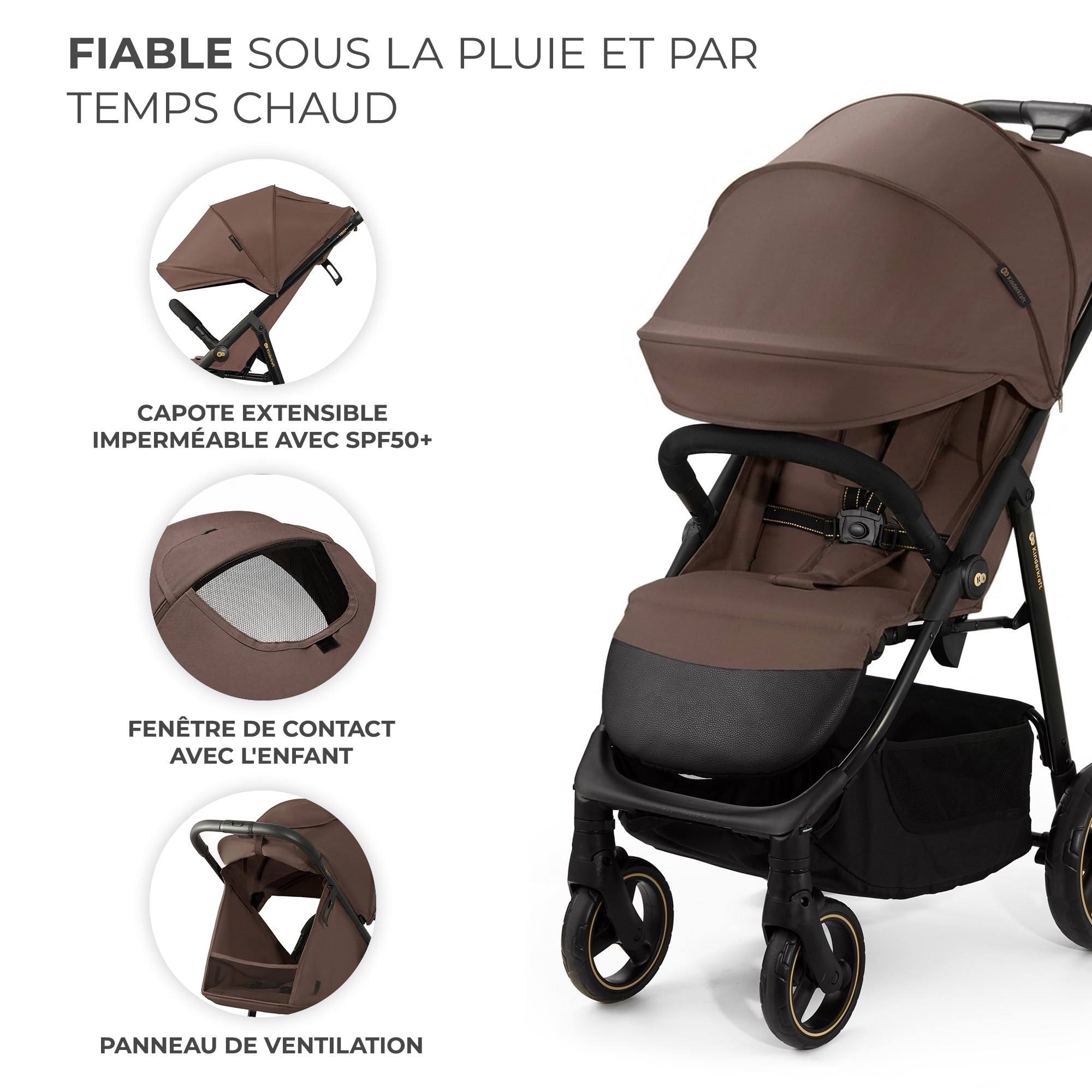 Kinderkraft TRIG 3 Poussette Canne, Légère, Position Allongée, Suspension 4 Roues, Pliable, Harnais réglables à 5 points, Repose-pieds, Jusqu'à 25 kg, Brun