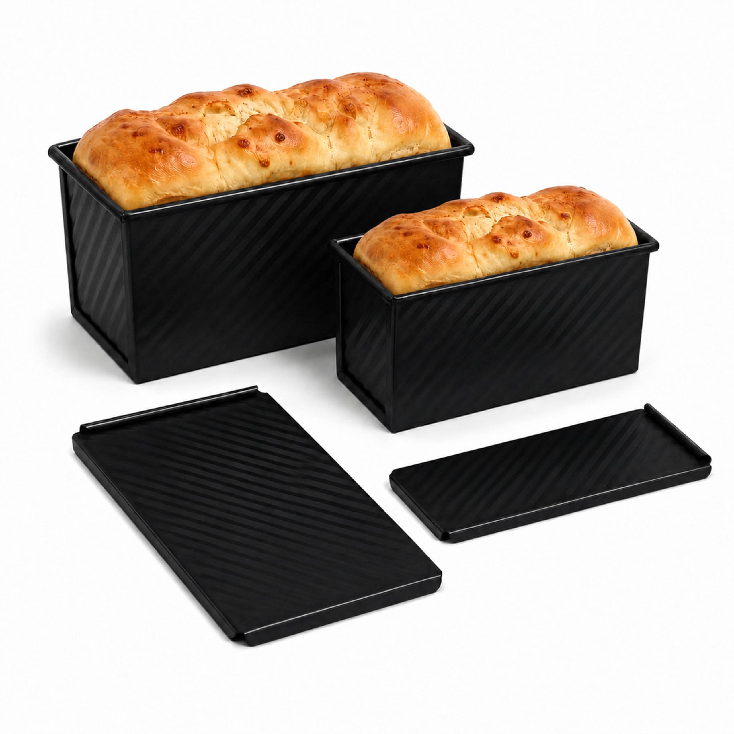 URMONA 2 Moules à Pain de Mie avec Couvercle, Formats M et L, Antiadhésifs | Acier au carbone, trous d’aération, cuisson homogène, toast sandwich, brioche cake, pâtisserie maison, démoulage aisé (Noir)