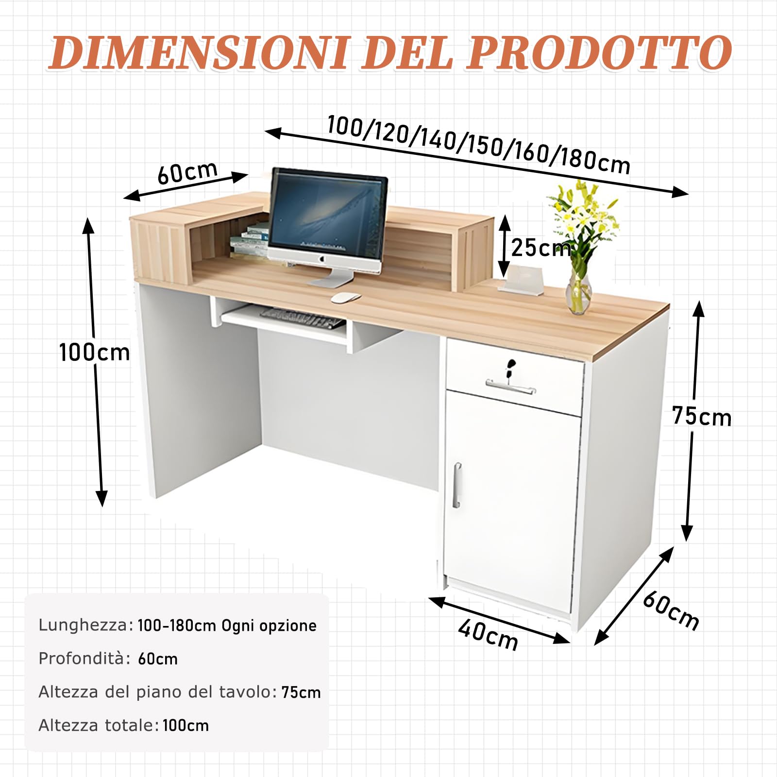 Bancone Reception Moderno in Legno con Ripiani e Cassetti, 100–180 cm Bancone Negozio, Bancone da Accoglienza per Ufficio, Salone, Negozio, Hotel, Studio Professionale Nero/Sinistra 160x100x60cm