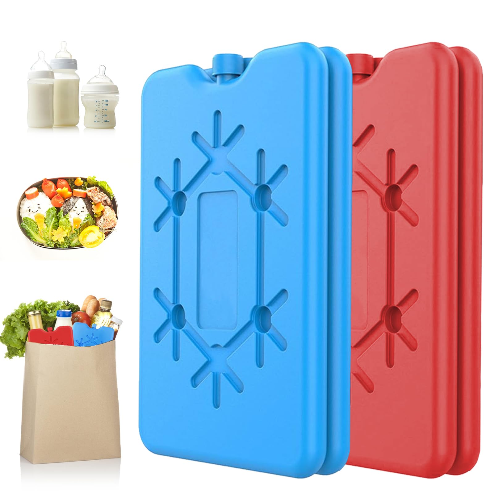 Set di 4 Ghiaccio per Borsa Termica, Elementi Refrigeranti, Borsa Frigo Possono Essere Utilizzati per Mantenere Il Cibo Fresco, Adatti per La Scuola e l'Uso All'Aperto (Blu-Rosso)
