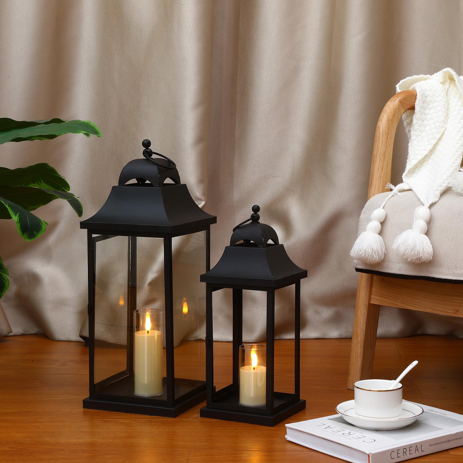 Retisee 4 Pcs Vintage Decorative Candle Lanterns Flameless Candle Lanterns Lights 2 Black Metal Hanging Lanterns Decorative Outdoor Indoor with 2 Battery Operated LED Candles for Porch Garden Party