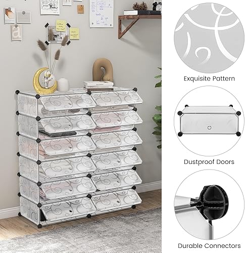 Miniatura 7 de Tangkula Organizador de zapatos de 12 cubos, gabinete de almacenamiento de cubos de bricolaje, gabinete modular de zapatos de plástico con puertas