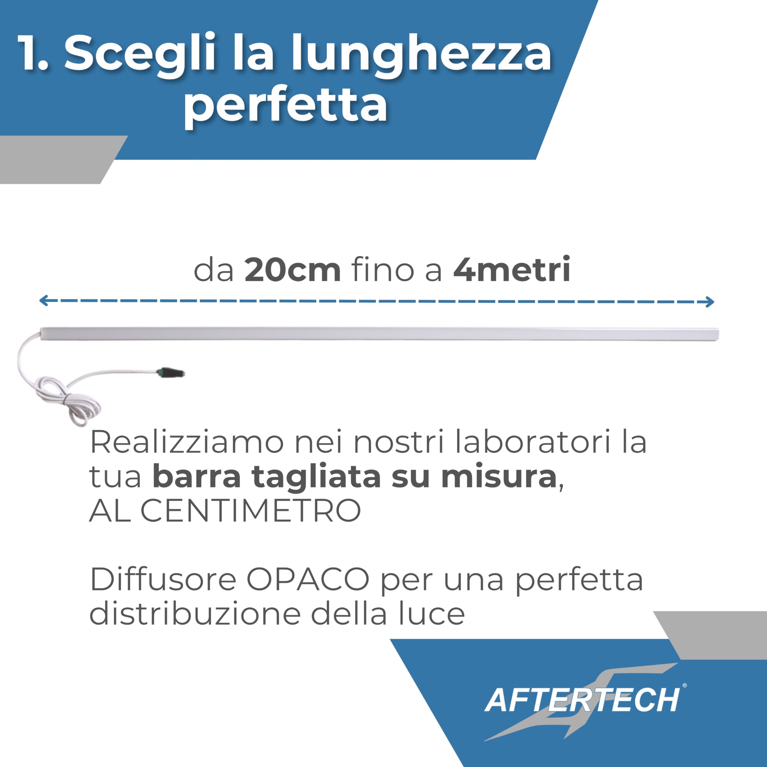 AFTERTECH Barra LED Profilo Alluminio PIATTO BIANCO SU MISURA al centimetro da 20 a 400cm in pezzo UNICO - LUCE POTENTE 19,2w/m 180led/m - PERSONALIZZABILE - MADE IN ITALY - Sottopensile Cucina