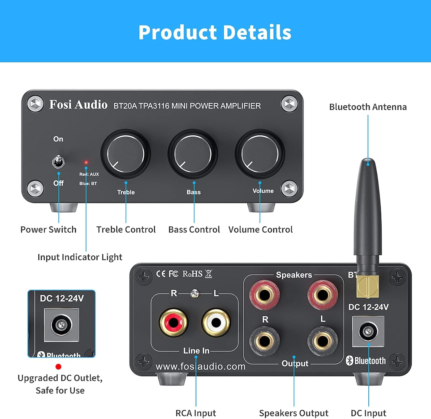 Fosi Audio BT20A Bluetooth 5.0 Stereo Audio 2 Channel Amplifier Receiver Mini Hi-Fi Class D Integrated Amp 2.0 CH for Home Speakers 100W x 2 with Bass and Treble Control TPA3116 (with Power Supply)