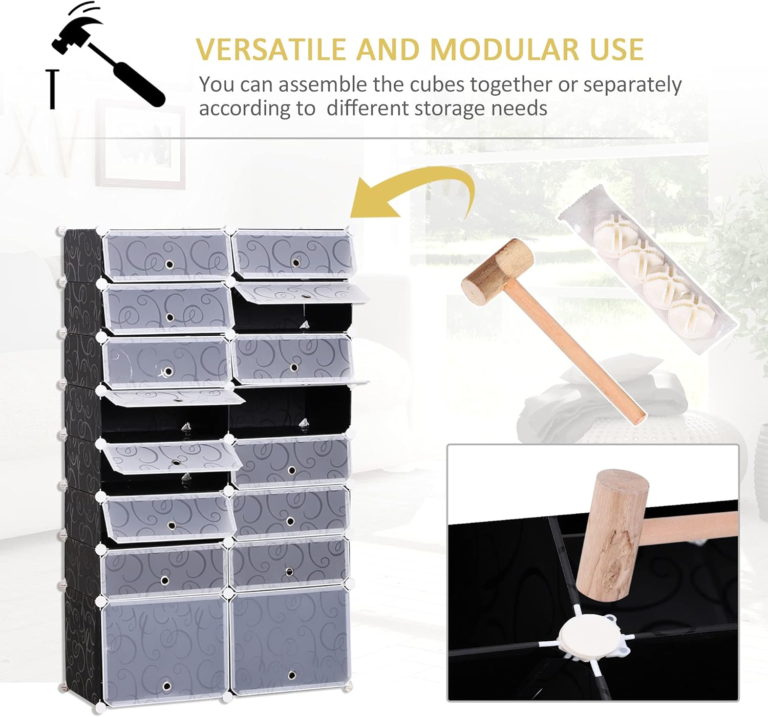 HOMCOM 16 Cube Shoe Rack, 2 x 8 Tier Shoe Storage Cabinet, Modular Plastic Shelves for Bedroom, Living Room and Entryway, Space Saving Footwear Organizer, 32 Pairs, White and Black