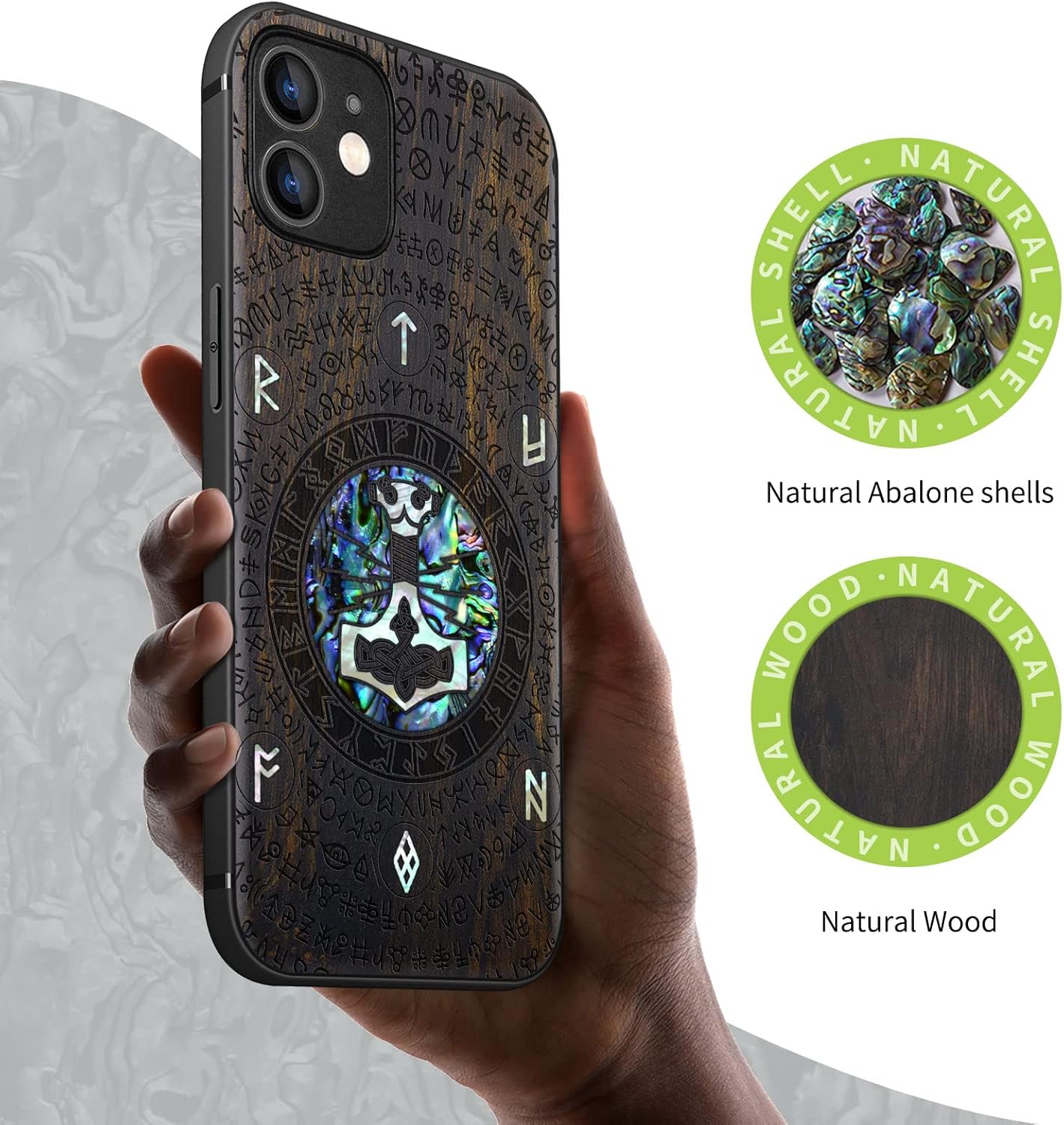 Carveit Designer Wooden Protective Case for iPhone 12 Magnetic Cover [Wood Engraving & Shell Inlay] Wood Phone Case Compatible with iPhone 12 MagSafe (Thors Hammer-Blackwood)