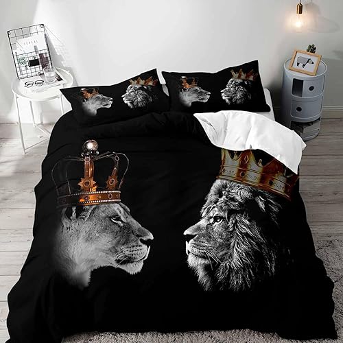 VIVIHOME - Juego de ropa de cama de 3 piezas, tamaño King y Queen León africano, funda de edredón, funda de edredón, decoración moderna de
