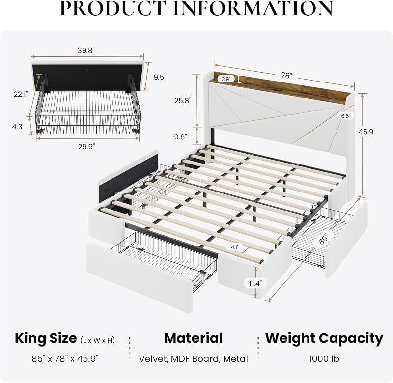 SHA CERLIN King Bed Frame, Storage Headboard with Drawers, Charging, White image 2