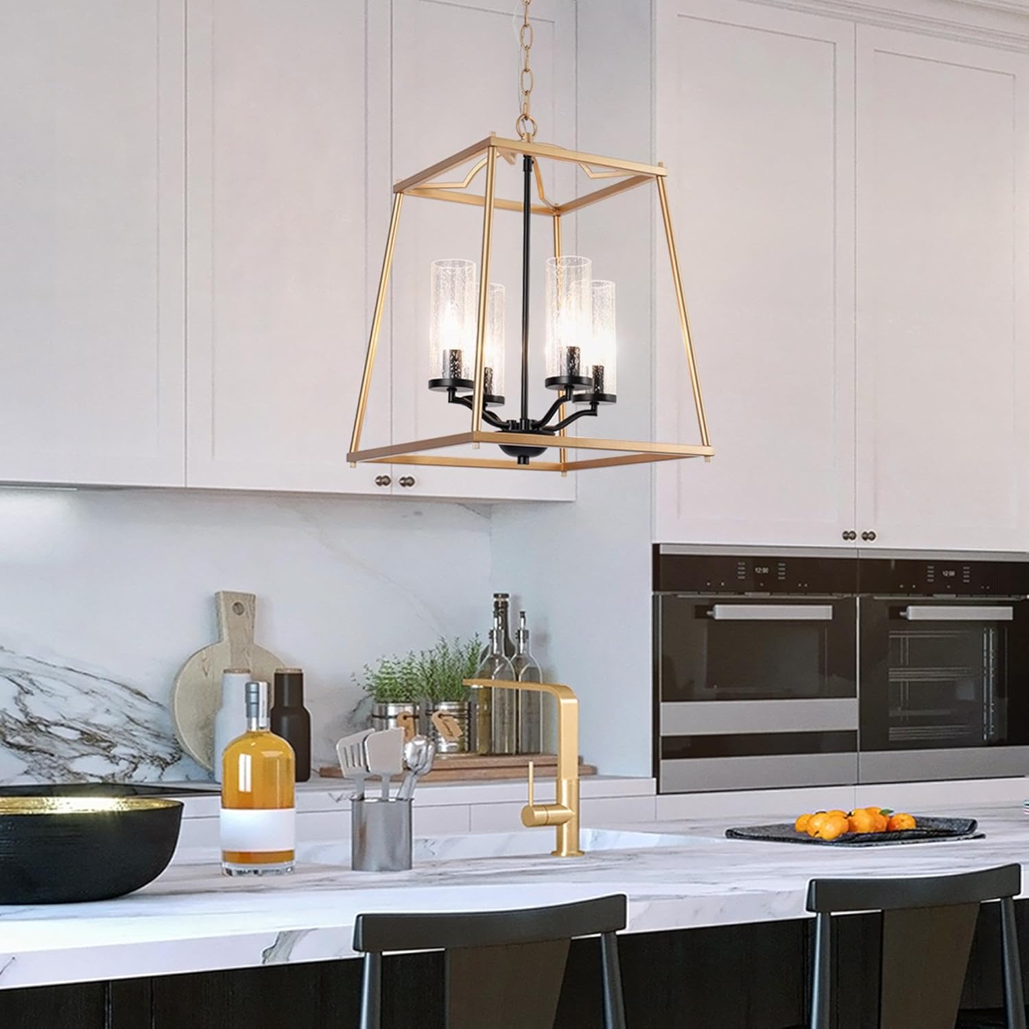 Gold and Black Chandelier, 4-Light Square Pendant Lighting for Kitchen Island, Dining Room ...