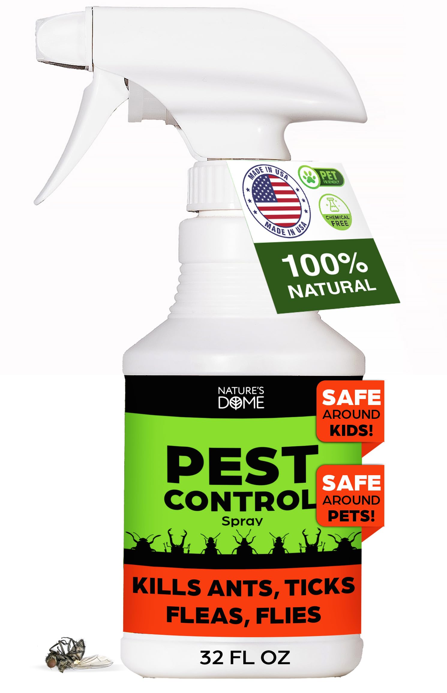Nature's Dome Eco-Friendly Pest Control Spray – Ant, Roach, Spider, Fly, Flea and Insect Control with Natural Essential Oils – Fast-Acting, Child & Pet Safe for Indoor & Outdoor Use (32 OZ)
