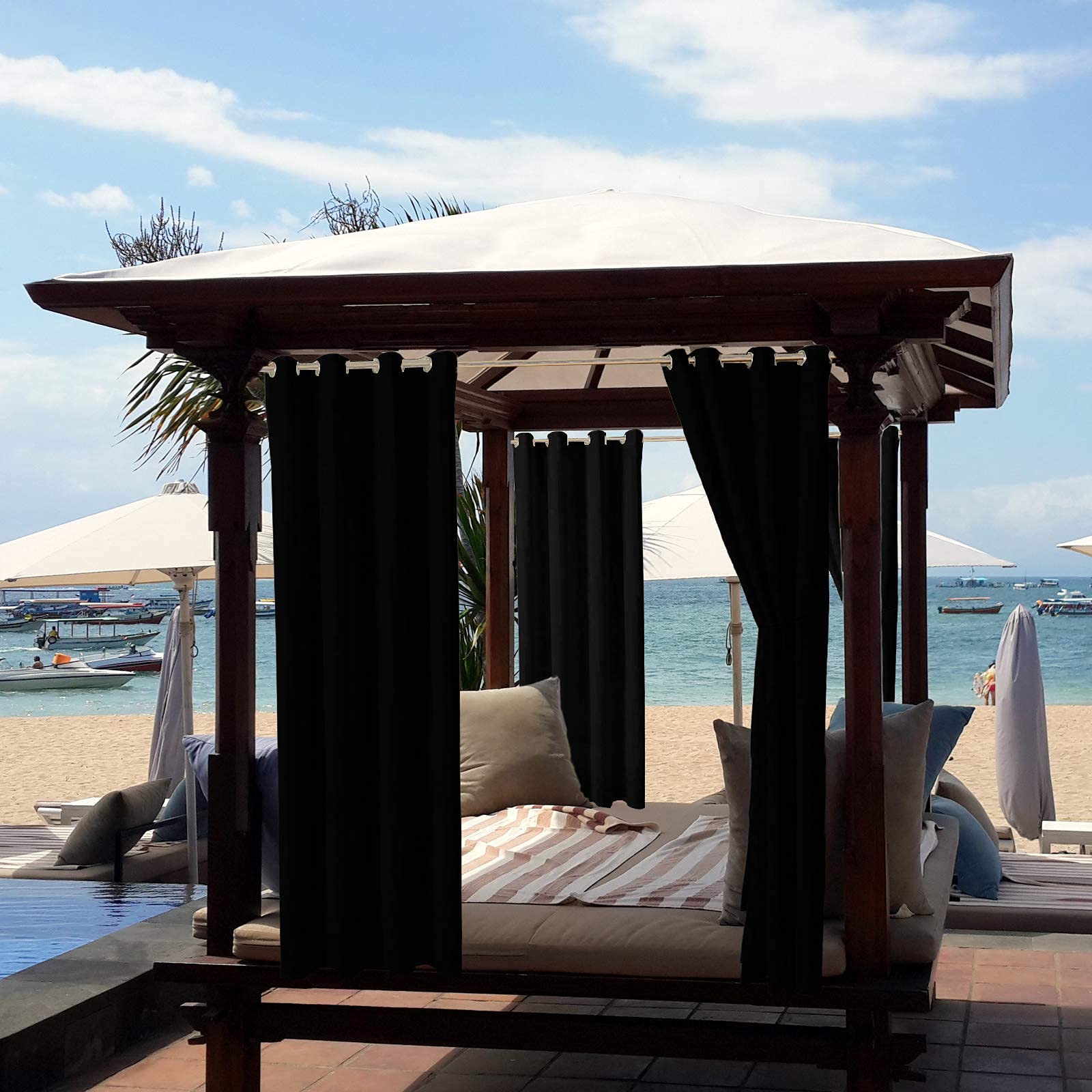 cjc Blackout Curtains for Patio Waterproof,Thick Weatherproof Windproof Outdoor Curtains Privacy Curtains for Porch,Living Room,Cabana,Durable Top Grommet Curtains(1 Panel,Black,52 x 84 inch)