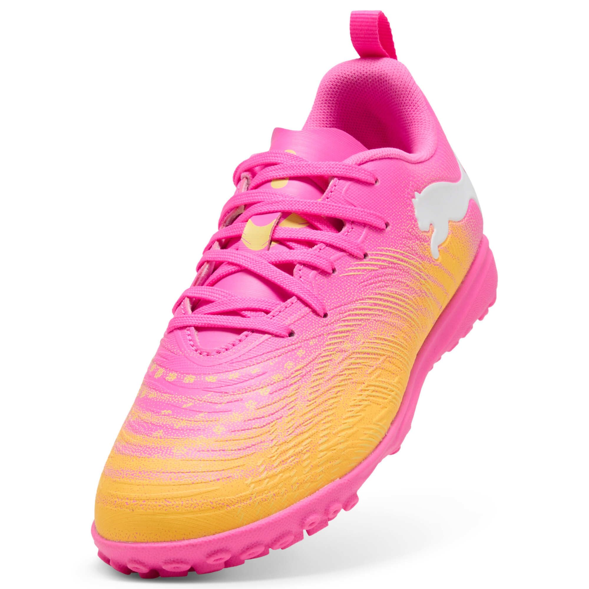 PUMA Future 9 Play TT JR - Tenis de fútbol, Color Rosa venenoso, Color Rosa y Blanco Aguamarina Brillante, Talla 1 de Reino Unido, Poison Pink Sun Stream Bright Aqua Puma White, 33 EU